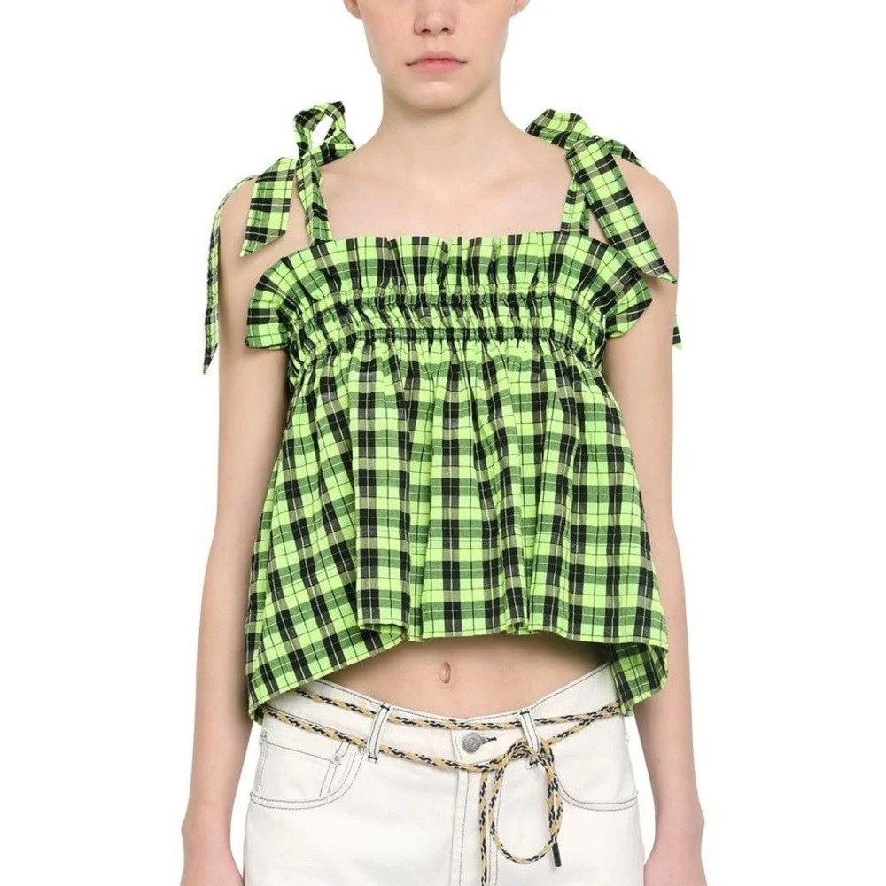 ✨SOLD✨ Ganni Neon Green Checked Top - Picture 1 of 8